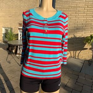 Talbots Pima Cotton Aqua Blue Red Striped Quarter Button Henley Top M Holiday